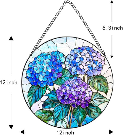 Handmade Hydrangea Flower Stained Glass Suncatcher - Vibrant Window Décor for Home/Garden,Gift-Ready Sun Catcher Art with Hook (Blue, 9.8 * 9.8IN)