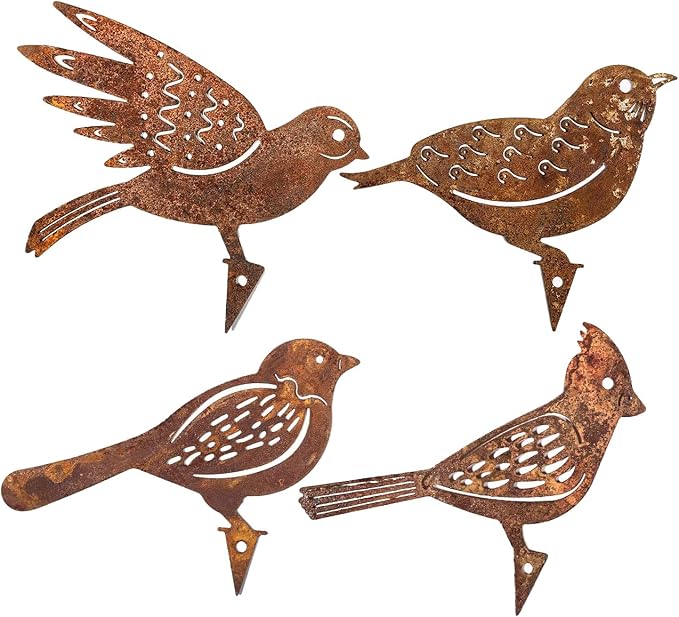Garden Stake Rust Decoration - Set of 4 Patina Metal Bird Stake Garden Decorations with Screw Thread, Perfect for Garden, Patio, Balcony, and Fence Ornaments