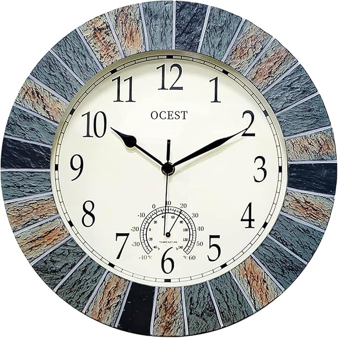 OCEST 13 Inch Large Outdoor Indoor Clock, Waterproof Wall Clock with Thermometer, Weather-Resistant Non-Ticking Battery Operated Decor for Patio, Pool, Lanai, Fence, Porch, Garden（Brown）