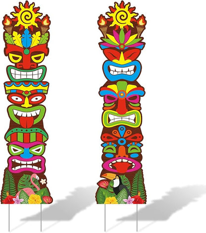 Queekay 2 Pcs Tiki Yard Sign Luau Hawaiian Tropical Party Decoration Outdoor Tiki Bar Sign with Stakes for Summer