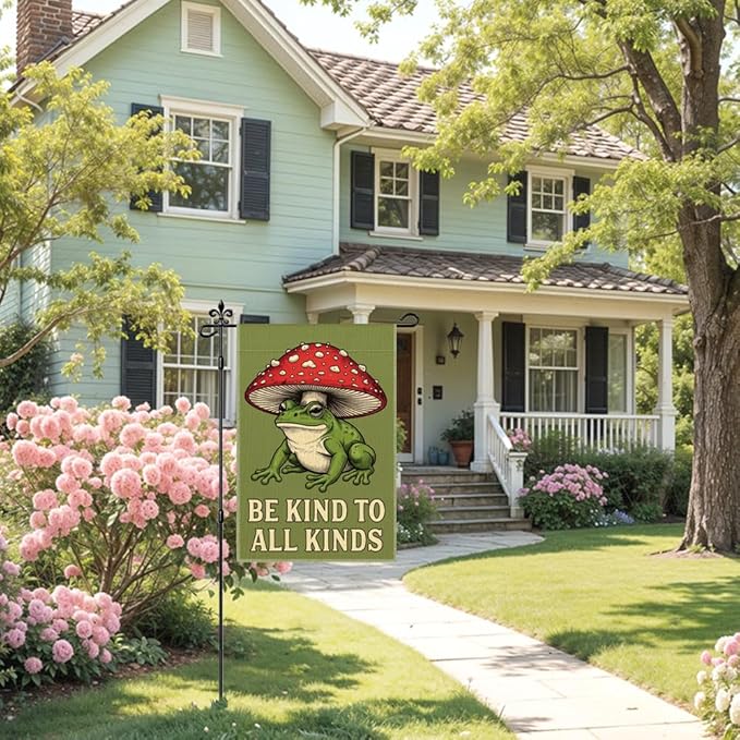 Be Kind To All Kinds Garden Flag Double Sided Yard Outdoor Decoration 12x18 Inch, Fun Frog Mushroom Outdoor Yard Garden Flag, Frog Mushroom Decor Home Banner, Gifts for Gardening Enthusiasts