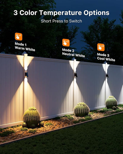 8 Pack Solar Powered Fence Lights Outdoor (Warm/Neutral/Cool White) Waterproof Up and Down Wall Mount LED Decorative Lamp for Outside Patio, House, Backyard, Porch, Deck, Garden with 3 Lighting Modes