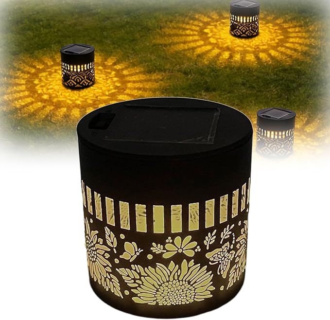Decorative Solar Mandala Lights - Outdoor Metal Solar Powered Deck Step Wall Lights, Mandala Theme Waterproof Fence Mini Light for Garden Post Patio Backyard Yard Decor (Sunflower, Yellow)