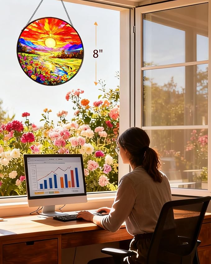 Stained Glass Window Hanging, Sunset Mountains Flower Sun Catchers Glass Panel, Suncatcher Window Decor 8", Birthday for Women Men Mom and Friend Colleague