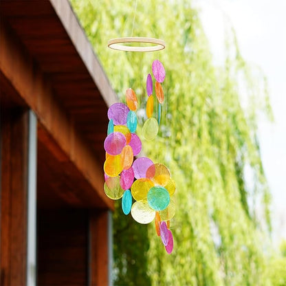 Rainbow Capiz Seashell Wind Chimes Outdoor Indoor Hanging Handmade Painted Colorful Beach Coast Ocean Home Decorative Hanging Mobiles Memorial Sympthy Gift