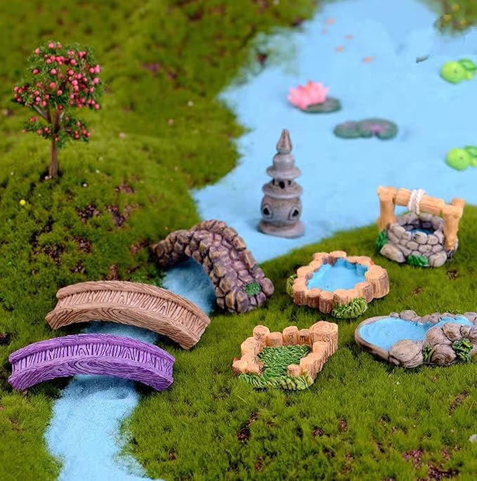 Brown Stone Arch Bridge Miniature Fairy Garden Accessories - Miniature Pond Lawn Garden Ornament Figurines, Mini Lighthouse Water Well Bridge Figurines, Micro Landscape Ornaments for DIY Kit