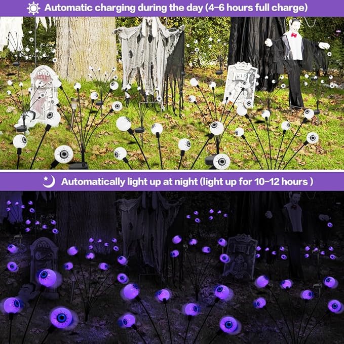 2PACK Scary Eyeballs Solar Garden Light Halloween Decorations Outdoor,Swaying Firefly with 12LED Purple Spooky Eyes Lights-Waterproof Ornaments Solar Halloween Lights for Lawn, Patio, Party Decor