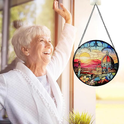 7.88'' Stained Glass Window Hanging, Church Sunset Suncatcher Stained Glass Panel with Hook Chain for Window, Religious Sun Catchers Decor Mother's Day Birthday for Women, Men, Wife, Aunt, and Mom