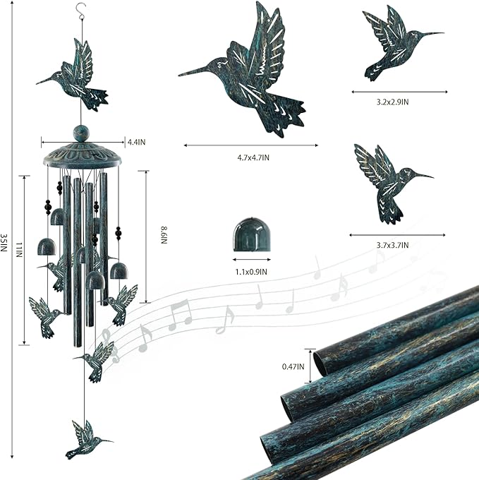 Vintage Bronze Hummingbird Wind Chimes for Outside, Retro Bird Gifts for Women Mom, Sympathy Memorial Windchimes for Garden Yard Patio Decor, Rustic Metal Wind Bell for Birthday Mother’s Day