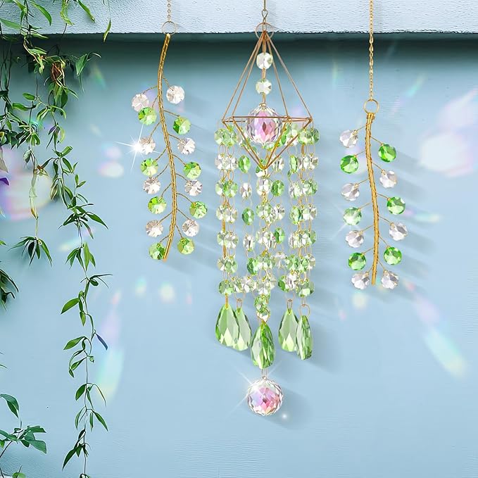 Crystal Suncatcher 3 PCS Hanging Prism Window Decor, Green Glass Sun Catcher with Metal Frame and Rainbow Light Reflection for Indoor Outdoor Garden Patio