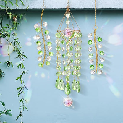 Crystal Suncatcher 3 PCS Hanging Prism Window Decor, Green Glass Sun Catcher with Metal Frame and Rainbow Light Reflection for Indoor Outdoor Garden Patio