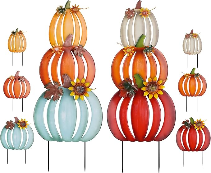 hogardeck Fall Decorations for Home Outdoor, 2 PCS 34" Decorative Garden Stakes with 6 Stacked Pumpkins for Fall Decor, Metal Yard Signs for Garden Home Lawn Patio Thanksgiving