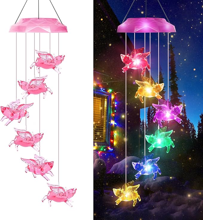Solar Wind Chimes for Outside- Pig Wind Chimes Pink,7 Colors Changing Outdoor Waterproof Flying Pig LED Wind Bell, Patio Garden Yard Decor (Mom, Women, Gardening Gifts)