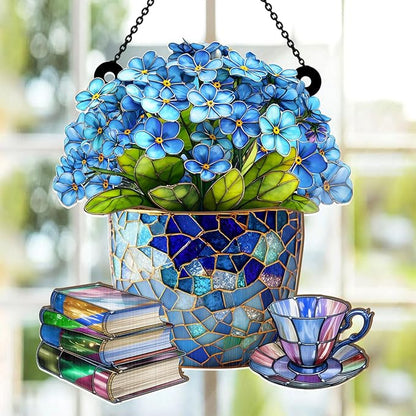 Jesuspirit - Window Hanging Suncatcher – Crystal Clear Acrylic & Wood Sun Catcher for Home Decor, for Women (Forget-Me-Not, Books, and Tea, 8 Inches)