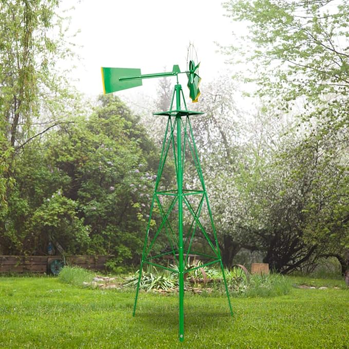 Metal Windmill for Garden Yard Decor, 8ft Tall Windmill Pinwheels Outdoor with Spinning Blades, Weather Vanes Lawn Ornaments, Weather-Resistant, Green