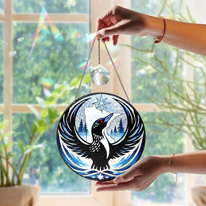 Common Rebel Loon Stained Glass Suncatcher, Custom Loon Bird Stained Glass Suncatcher Indoor Window with Crystal, Black Birds Sun Catcher Decor Window Hanging, Bird Lover Gifts for Women, Grandma, Mom