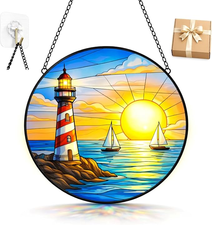 Lighthouse Ocean Suncatcher Window Hanging, 7.8" Stained Glass Decor, Symbolic Gift for Family, Friends and Loved Ones, Coastal Home Decor for Window, Wall, Living Room and Sunroom