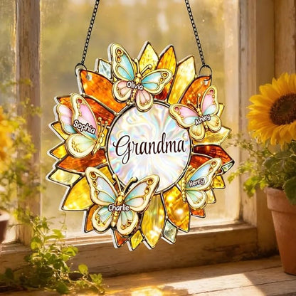 Personalized Grandma Mom Sunflower Butterfly Acrylic Sun Catcher Ornament, Custom Grandma Gifts for Mothers Day, Nana Gift from Grandkids, Custom Family Window Hanging Home Decor
