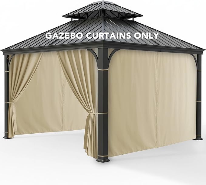 Outdoor Curtains Patio Waterproof - 10'Wx10'Lx7.9'H Gazebo Universal Replacement Privacy Curtains, 4 Panels Outside Sidewall Drapes with Zipper for Pergola Garden Backyard, Cream