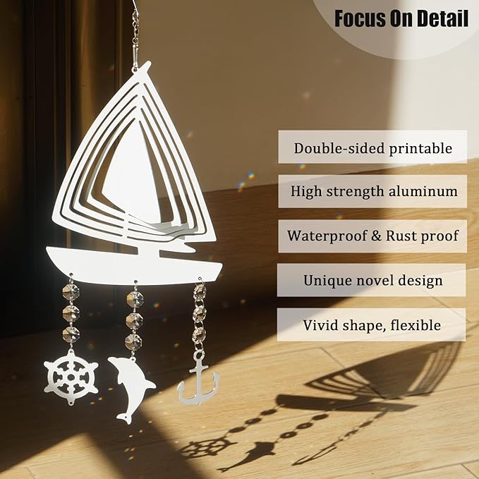 4Pack 10inch Sublimation Wind Spinner Blanks 3D Aluminum Metal Wind Sculpture Kinetic Spinners for Yard and Garden Indoor Art Ornaments Hanging Decoration (Boat)