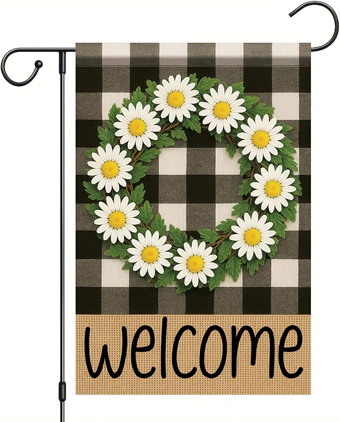 Buffalo Plaid Welcome Wreath Garden Flag 12x18 Double Sided Daisy Flower Flag Rustic Spring Summer Decor for Porch Patio Lawn Farmhouse Seasonal Small Yard Farmhouse Holiday Outdoor