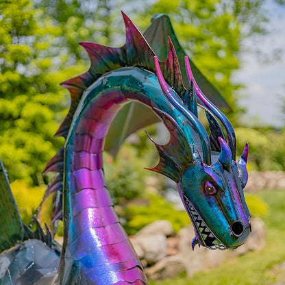 Zaer Ltd. Large Metal Dragon Statue, 89" L x 79" W x 73" H, Powder Coated (Oil-Slick Purple Blue)