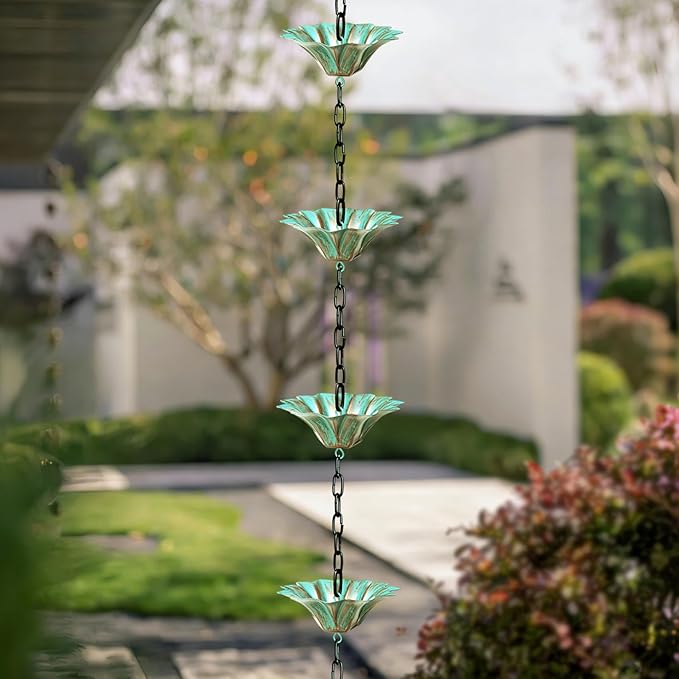 Rifachua 12 Cups Lotus Rain Chain for Gutters Downspouts Outside 8.5ft, Green Plated Bronze Lotus Rain Chain Cups, Functional and Decorative Replacement for Gutter Downspouts