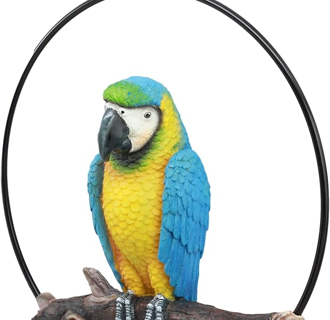 Ebros Patio Home Garden Hanging Scarlet Macaw Parrot Perching on Branch in Metal Round Ring Figurine Sculpture Nature Lovers Tropical Bird Collectors Decor 13.5" H (Blue)