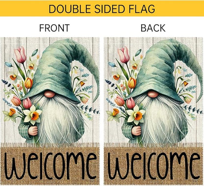 Welcome Spring Garden Flag 12x18 inch Burlap Double Sided Gnome Colorful Floral Small Summer Garden Flags Decorations For Outside Yard Home Outdoor Patio Lawn Decor