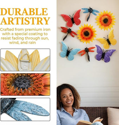 Pumtus 9 Pack Metal Sunflowers Wall Decor, Garden Flower Wall Art Decorations, Outdoor Butterfly Dragonfly Hanging Patio Decor, Yard Floral Fence Sculptures for Indoor Outside Living Room Bedroom