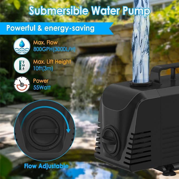 All-in-1 Pond Waterfall Kit with 800GPH Water Pump, 12-inch Stainless Steel Spillway with LED Light, 3-Stage Filtration Outdoor Waterfall for Garden, Backyard, Pool, Water Feature