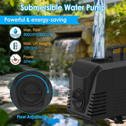 All-in-1 Pond Waterfall Kit with 800GPH Water Pump, 12-inch Stainless Steel Spillway with LED Light, 3-Stage Filtration Outdoor Waterfall for Garden, Backyard, Pool, Water Feature