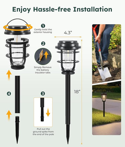 Vuees Bright Solar Pathway Lights Outdoor, 6 Pack Waterproof IP65, Auto On/Off Solar Powered Garden Lights for Yard Lawn Walkway Landscape Pool Outside - 3-in-1 Hanging, Tabletop & Stake Lighting
