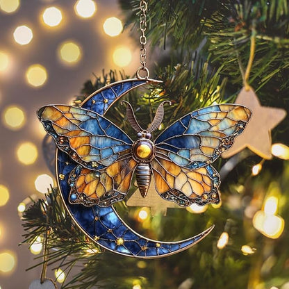 Vivid Tiffany Butterfly Moon Art Acrylic Suncatcher Stained Glass Effect Window Car Hanging Christmas Ornament Indoor Outdoor Decor Garden Sun Catcher Panel for Boho Lover for Women Mom Grandma