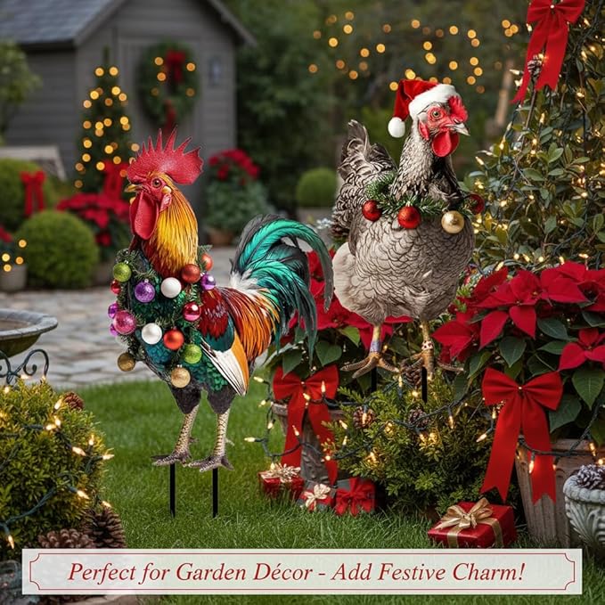 SUPVOX Christmas Rooster Chicken Yard Signs with Stakes 2pcs Metal Xmas Outdoor Yard Chicken Signs Christmas Animal Yard Sign Art Decoration for Lawn Garden Holiday Supplies