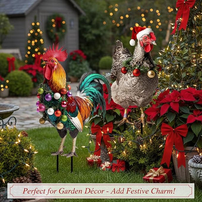 SUPVOX Christmas Rooster Chicken Yard Signs with Stakes 2pcs Metal Xmas Outdoor Yard Chicken Signs Christmas Animal Yard Sign Art Decoration for Lawn Garden Holiday Supplies
