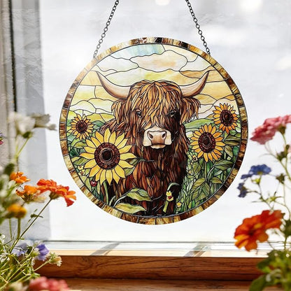 Highland Cow Stained Glass Window Hanging Sunflower Cow Western Style Suncatcher Rustic Farmhouse Window Hanging Decor for Home Garden Gift