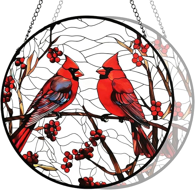 Red Cardinal Memorial Suncatcher – Stained Glass Window Hanging with Bird on Branch, Sympathy Hope Comfort Gift for Mom Grandma Women Bird Lover, Garden Patio Kitchen Decor, 8 Inch