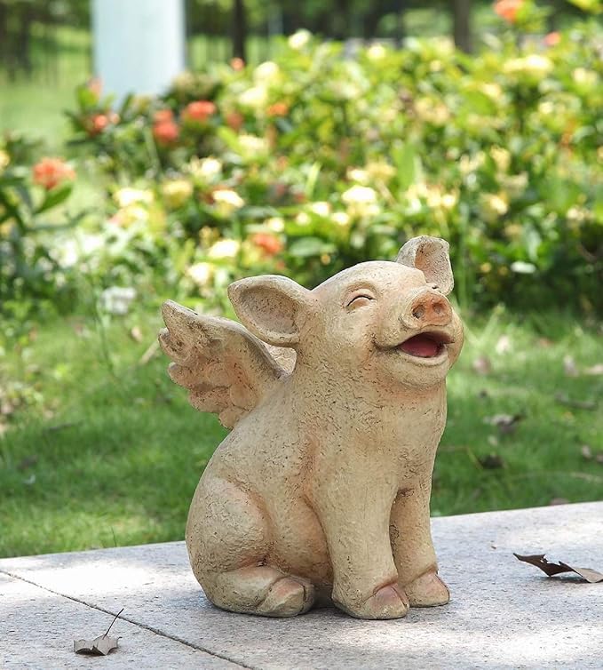 HI-LINE Laughing Pig with Wings Outdoor Garden Statue - 8.75" - Pink