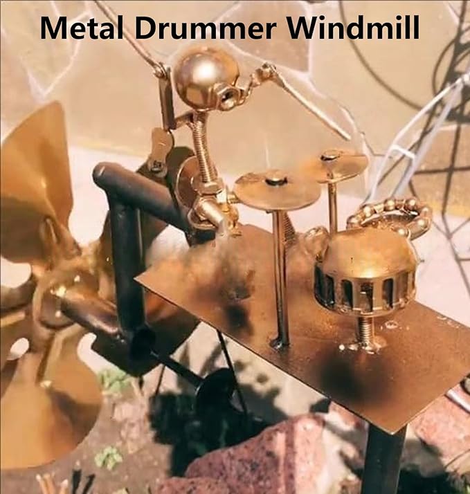 Handmade Metal Drummer Windmill – Wind-Powered Yard Art Sculpture, Garden Decor for Lawn, Patio, or Courtyard – Outdoor Percussionist Figurine Gift（Drummer-B）
