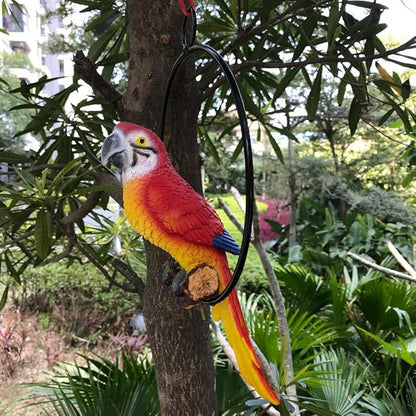 Hanging Parrot Statue Sculpture On Metal Round Ring Decor for Patio Garden Lawn and Nature Lovers Tropical Bird Collectors by Gifts, 10 inches Long Yellow