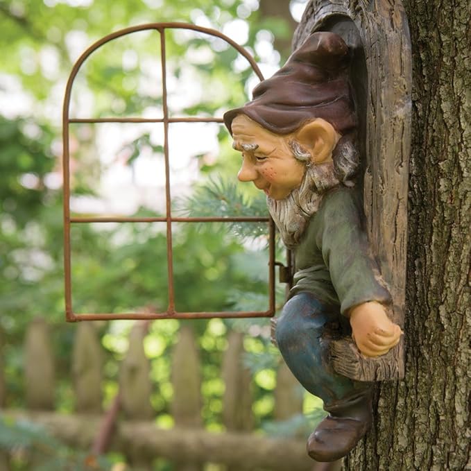 Bits and Pieces Elf Out The Window Yard Decorations Outdoor Tree Faces, 12 Inch Tree Hugger Whimsical Yard Decor, Elf, Fairy, Gnome Garden Decorations, Fun Garden Art
