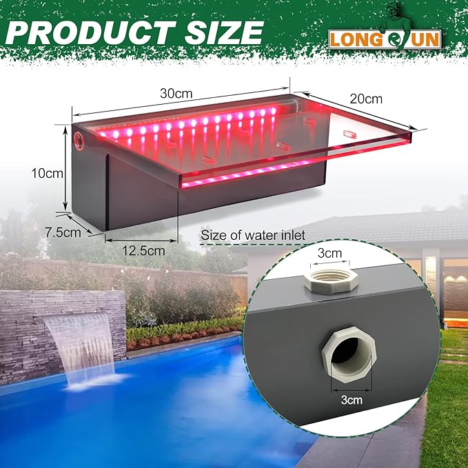 LONGRUN 30cm Pond Waterfall Blade,Acrylic Pool Fountain with RGB Bluetooth LED Light, Complete Waterfall & Stream Kits for Outdoor Water Features