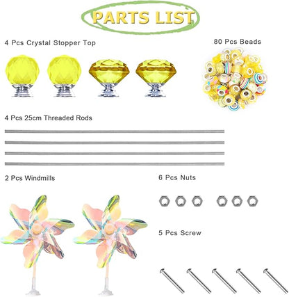 101 PCS Beaded Garden Stakes Kit, DIY Fairy Wand Garden Stake Beads Kits with Yellow Large Hole Beads 4 Crystal Stopper Top Threaded Rods and 2 Colored Small Windmills for Outdoor Indoor Decor