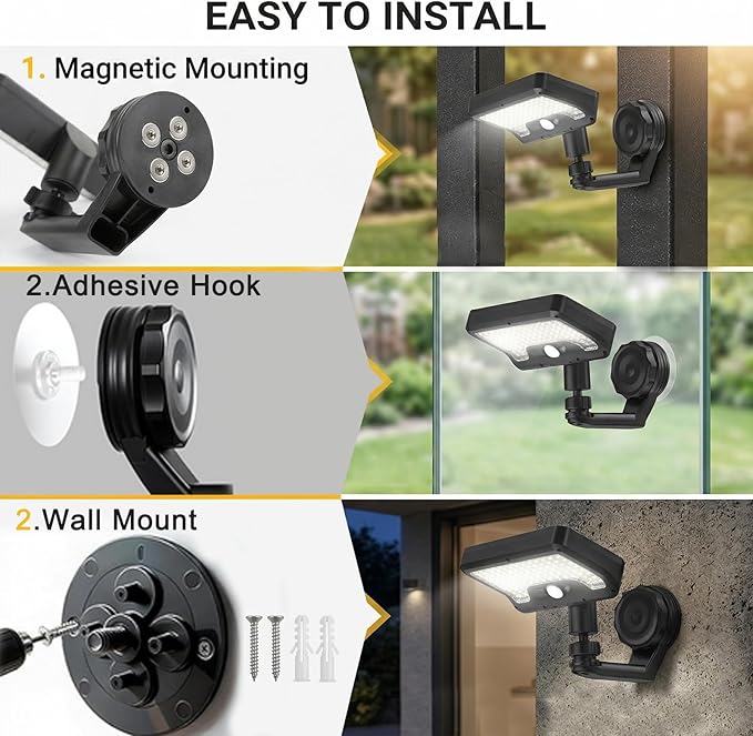 Magnetic Solar Lights Outdoor with Motion Sensor, 3CCT Solar Fence Lights Outdoor with 92 LEDs, 3 Modes, Magnetic & Adhesive Mount, IP65 Waterproof Security Lights for Wall Patio Fence Deck(Black)