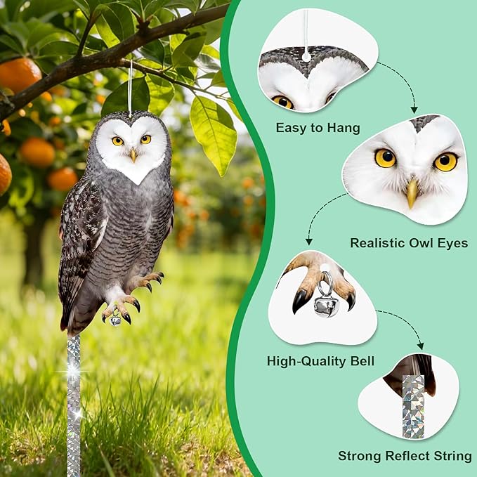 Owls to Keep Birds Away: 2Pcs Fake Owl with Reflective Tape for Orchard Garden Patio Pool, Reflective Hanging Decoration to Keep Birds Pigeon from Windows Tree Vineyard