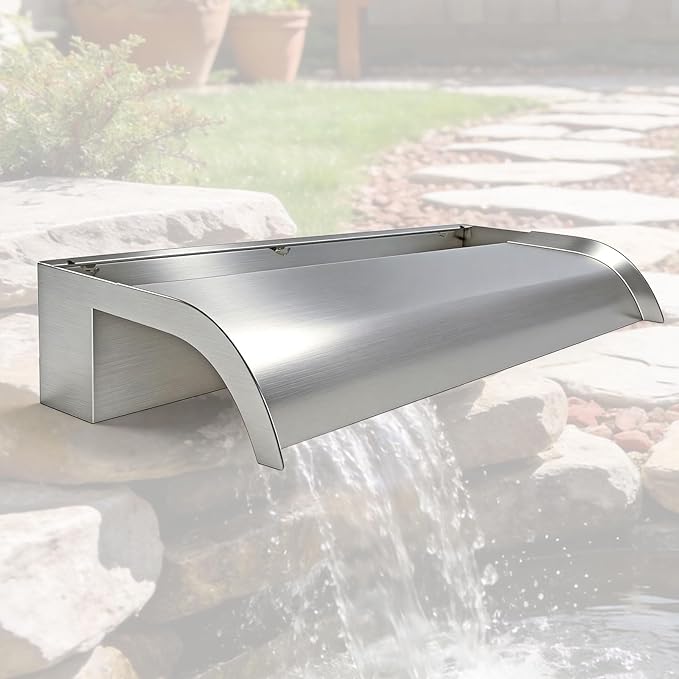 Curved-Mouth Waterfall Pool Fountain, Stainless Steel Waterfall Spillway with Pipe Connector Kits for Outdoor Decorative, 35.4 Inches Pool Water Feature for Garden Patio, Without Cover Plate