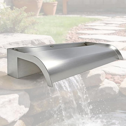 Curved-Mouth Waterfall Pool Fountain, Stainless Steel Waterfall Spillway with Pipe Connector Kits for Outdoor Decorative, 35.4 Inches Pool Water Feature for Garden Patio, Without Cover Plate