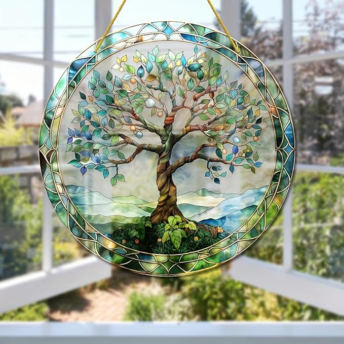Stained Glass Window Hanging,Paint Tree of Life Suncatcher, Stained Glass Ornament, Suncatchers for Windows Hanging, Window Decor, Outdoor or Indoor, Gifts for Women, Bestie, Friends