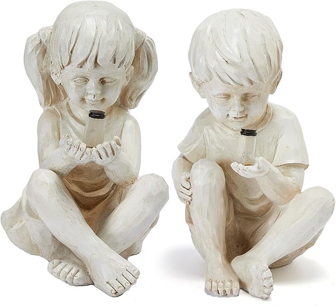 Large Garden Children Statues Light Up Firefly Jar Solar Powered | Set of 2 Figurines | Girl & Boy Garden Yard Art Décor, Indoor & Outdoor Ornament Gifts for Lawn, Patio , 7.5" W x11. 8”H Cream Gift